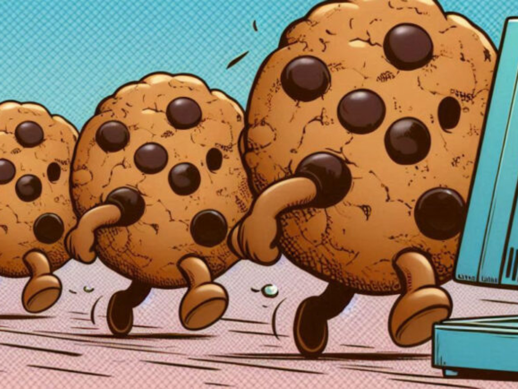 Cookies walking towards a laptop